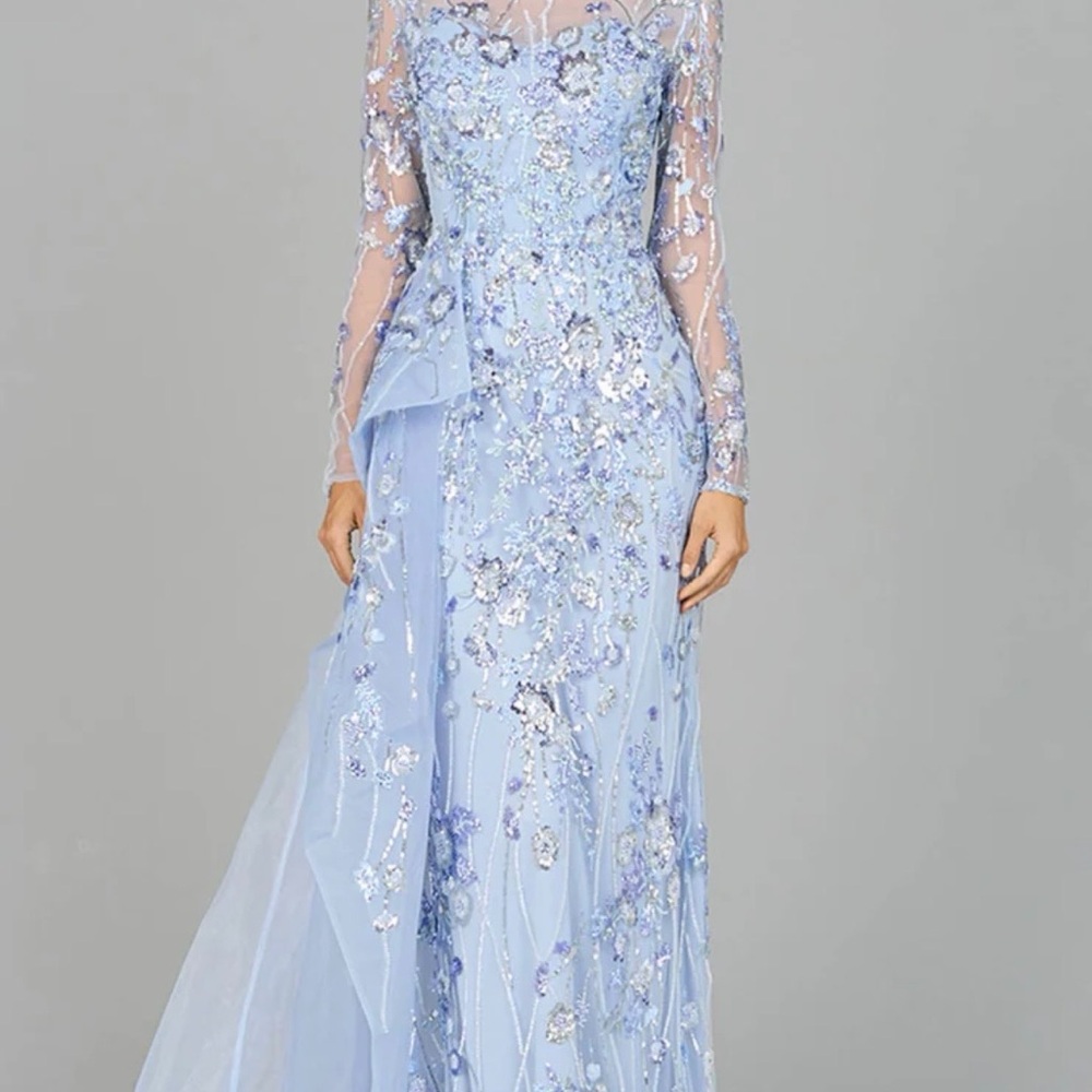 LARA Asymmetrical Overlay Gown with sleeves Periwinkle Blue